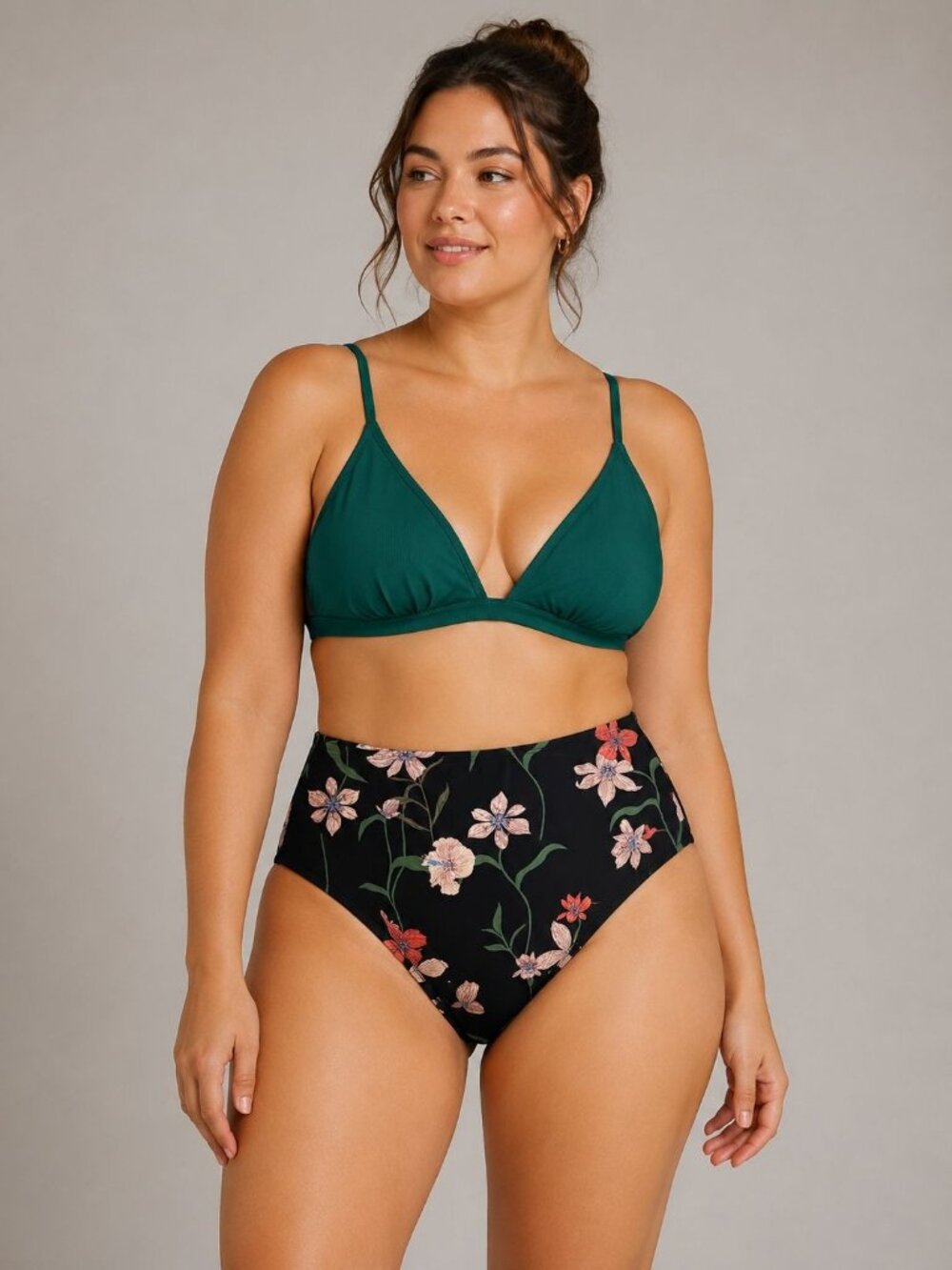 Shade & Shore XL 16 Green Bikini Top & Floral Black High-Waist Bottom Set NEW